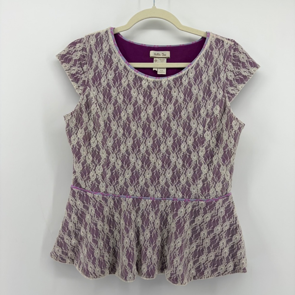 Matilda Jane‎ Womens Medium Purple Cream Lace Peplum Cap Sleeve Top